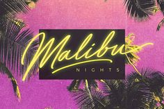 a neon sign that reads millibo nights with palm trees in the foreground