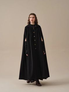 ARIEL 14 | HOODED WOOL CLOAK COAT – Linennaive Gothic Winter Cape Outerwear, Gothic Cape Outerwear For Winter, Elegant Fall Outerwear For Larp, Gothic Cape Outerwear For Larp, Medieval Style Fall Cape, Medieval Style Fall Cape Outerwear, Medieval Style Winter Cape, Medieval Winter Cape Outerwear, Medieval Style Winter Cape Outerwear