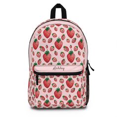 "Strawberry Backpack - Personalized Cottegecore Pink Book Bag, Kawaii Strawberry School Supplies, Fun Cute Fruit Berry Retro Rustic Aesthetic Have you got room for all that? With our roomy and durable backpack, featuring a delightful bright pink strawberry fruit pattern on light pink background in cute cottagecore aesthetic with elements of kawaii style!  This bag is made from spun polyester and weights 1.3 lbs, just enough to be light, strong and long-lasting. Grab it, stow it, throw it onto the seat next to you, this backpack can take it, and so will you, wherever you go! The charming strawberry pattern is sure to bring a smile to anyone's face. Whether you're purchasing for yourself or as a gift, you can be sure that it's a truly unique and special item that will be treasured for years Strawberry Backpack, Kawaii Strawberry, Pink Book, Summer Harvest, Rustic Aesthetic, Style Kawaii, Personalized Backpack, Pink Books, Sewing Tags