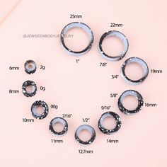 several sizes of rings are shown on a pink background with measurements for each ring to fit