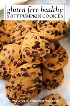 gluten - free healthy soft pumpkin cookies with chocolate chips on top and text overlay