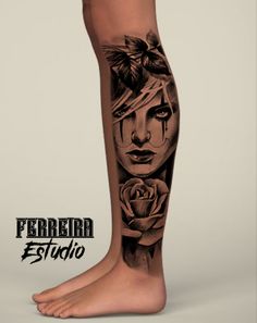 a woman's leg with tattoos on it and the words ferretia estdio