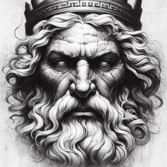 a drawing of an old man with a crown on his head and long curly hair