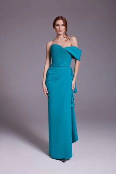 - Crepe fabric - Strapless - A-symmetrical - Roman classic skirt - With a belt - Embellished with drapes on the waist - Off shouldered Newest Fashion Trends, Blue Outfits, Classic Skirts, Pacific Blue, New Fashion Trends, Blue Outfit, Look Stylish, Crepe Fabric, Blue Wedding