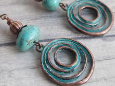 Handmade Turquoise Spiral Jewelry, Handmade Spiral Turquoise Jewelry, Unique Spiral Turquoise Jewelry, Wood Waste, Earrings Turquoise, Ear Hook, Display Cards, Custom Items, Boho Style