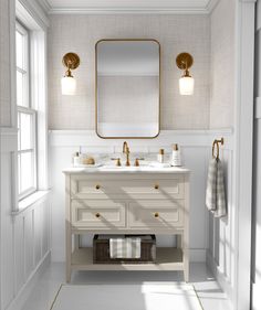 a bathroom with two sinks and a large mirror on the wall above it is shown