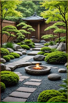 a small garden with rocks and trees in the background, including a fire pit surrounded by stones