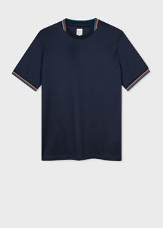 Men's Navy Mercerised Cotton 'Signature Stripe' Trim T-Shirt Navy Short Sleeve Tops With Ribbed Collar, Navy Cotton Tops With Striped Hem, Navy Short Sleeve Top With Ribbed Collar, Navy Cotton Top With Striped Hem, Classic Navy T-shirt For Summer, Fitted Blue Tops With Contrast Trim, Blue Polo Collar Top With Contrast Trim, Navy Classic Tops With Contrast Trim, Classic Navy Tops With Contrast Trim