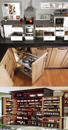 there are two pictures of the same kitchen with different appliances and cabinets in each photo