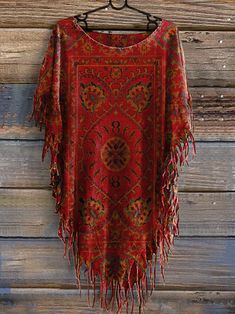 Women's Vintage Floral Totem Print Punk Hippie Batwing Tussle Fringes Poncho T-Shirt Casual Festival Poncho With Fringe, Casual Poncho With Tassels For Festivals, Bohemian Fall Top With Tassels, Red Bohemian Poncho With Fringe, Bohemian Tops With Tassels For Fall, Bohemian Top With Tassels For Fall, Bohemian Tops With Frayed Hem And Short Sleeves, Casual Festival Tops With Tassels, Bohemian Short Sleeve Top With Frayed Hem