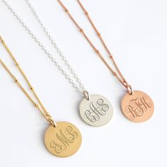 This amazing one-of-a-kind necklace is one of the most special and personal pieces of jewelry you can own or give as a gift. The pendant is monogrammed with your choice of three initials. EVERYTHING is customizable!METAL OPTIONS✦ 14K YELLOW filled✦ 14K ROSE filled✦ Bright Sterling Silver CHAIN LENGTH✦ 16 inches / 40 centimeters ✦ 18 inches / 45 centimeters ✦ 20 inches / 50 centimeters✦ 24 inches / 60 centimetersPENDANT SIZE✦ 19 mm✦ MONOGRAM Please specify three letters in the order you would lik Sterling Silver Initial Pendant Necklace With Engraving Option, Personalized Engraved Round Pendant Necklace, Sterling Silver Monogram Initial Pendant Charm Necklace, Silver Monogram Round Pendant Necklace, Customizable Name Necklace Round Pendant For Mom, Customizable Round Pendant Name Necklace For Mom, Personalized Initial Pendant Charm Necklace For Bridesmaid, Round Charm Necklaces For Personalized Gifts With Engraving Option, Customizable Sterling Silver Necklace For Best Friend