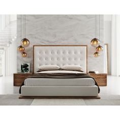 a modern bedroom with marble walls and flooring, including a bed that has an upholstered headboard