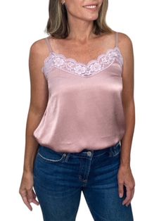 So many options. With this lace camisole you can layer, wear as a top or it can double as sleepwear. Any way you choose to wear it, the silky satin fabric feels good, wears well and will be a much appreciated staple in your wardrobe. Details: Adjustable Strap Elastic backing Loose hem Material 70% Viscose 30% Silk One size fits most Made in Italy Care Hand wash No bleach Hang dry Iron low heat Feminine Satin Camisole With Lace Trim, Lace Camisole For Sleep, Feminine Satin Top With Lace Trim, Feminine Satin Camisole With Spaghetti Straps, Satin Lace Top For Spring, Spring Delicate Lace Camisole For Sleep, Spring Sleep Camisole With Delicate Lace, Spring Sleepwear Camisole With Delicate Lace, Silk Lace Top Camisole