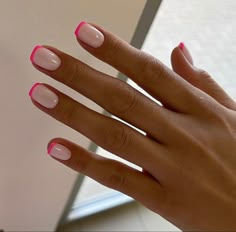 Colored French Tip Dip Nails, Neon Pink Pedicure, Classy Summer Dip Nails, Pink Bachelorette Nails, Short Blush Nails, Blushing Nails, Biab Nails Summer, Pink Tip Nails, Pink French Nails