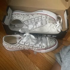 Worn Once For A Wedding. Bedazzled Converse, Shoes Customized, White Chucks, Converse White, Womens Converse, Chucks Converse, Converse Shoes, Sweet 16, Womens Shoes Sneakers