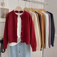 Basic Round Neck Cardigan (14 Colors) Round Neck Cardigan, Autumn Outfits, Basic Long Sleeve, A Button, Overall Dress, Sweater Blouse, Cardigan Jacket, Jeans Pants, Knit Cardigan