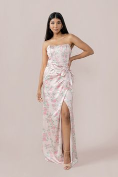 Model: Jacinth; Size: 4; Color: Blushing Bride Bouquet Pink Satin Maxi Dress With Floral Print, Fitted Pink Floral Print Strapless Dress, Bridesmaid Dresses Mismatched Floral Blush Pink, Strapless Pink Floral Print Maxi Dress, Pink Floral Floor-length Dress, Watercolor Patterns, Pink Bridesmaid Dress, Floral Bridesmaid Dresses