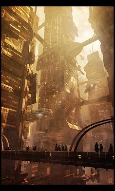 a futuristic city with tall buildings and lots of people walking on the bridge in front of them