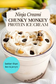 there is a cup of ice cream with nuts in it and a sign that says chunky monkey protein ice cream