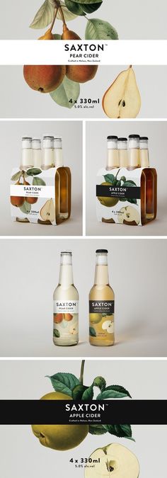 an advertisement for saxiton apple cider, which is made with apples and pears