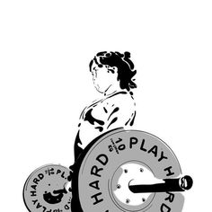 a black and white drawing of a man holding a barbell with the words hard to play on it