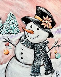 Snow Man Art, Snowmen Art, Man Drawing, Christmas Tree With Snow, Winter Holiday Decorations, Acrylic Art Projects, Christmas Tree Painting, Snowman Painting, Man Art