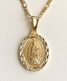 "18K GOLD PLATED GUADALUPE NECKLACE 18\" LONG. FOR GOOD LUCK ,PROSPERITY AND PROTECTION. PENDANT : 30x18 mm 18K BANO DE ORO CADENA DE GUADALUPE 18\" LARGO. PARA PROSPERIDAD, BUENA SUERTE Y PROTECCION. DIJE: 30x18 mm" Gold Our Lady Of Guadalupe Pendant Necklace, Gold Our Lady Of Guadalupe Round Pendant Necklace, Gold Medallion Necklace With Our Lady Of Guadalupe, Gold Our Lady Of Guadalupe Medallion Necklace, Gold Medallion Necklace Of Our Lady Of Guadalupe, Gold Our Lady Of Guadalupe Necklace In 14k Gold, 14k Gold Our Lady Of Guadalupe Necklace, 14k Gold Necklace With Our Lady Of Guadalupe, Yellow Gold Oval Necklace With Our Lady Of Guadalupe