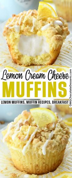 lemon cream cheese muffins on a white plate with the title in the middle