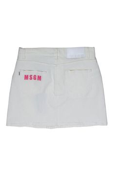 Keep it cool and cute with this MSGM skirt! Made in a white wash and a timeless A-line silhouette, this closet staple is a must-have for all seasons! Pair with a graphic tee and chunky sneakers for a sweet springtime look or layer with a turtleneck and tights for those chillier months. No matter how you choose to rock this skirt, you'll be styling and profiling! Size 8 (EU 44) Unlined Front fly zipper with button Flare silhouette Front pockets Back pockets Logo on back pocket Waist 30" Hip 33" T Spring Streetwear Mini Bottoms, Casual Cotton Mini Length Bottoms, White Streetwear Bottoms For Spring, White Logo Print Bottoms For Summer, White Bottoms For Spring Streetwear, Trendy Cotton Skirt With Relaxed Fit, Cotton Fitted Skirt For Streetwear, Fitted Cotton Skirt For Streetwear, Trendy Streetwear Bottoms With Logo Print