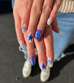 Fun Cute Nails, Every Nail Different Design, Blue Summer Nails Short, Gel X Summer Nails, Mail Inspo 2024 Summer, Fun Nails Designs, Different Design On Each Nail, Summer Nails At Home, Patchwork Nails