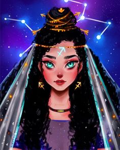 an illustration of a woman wearing a veil and tiara with stars in the background