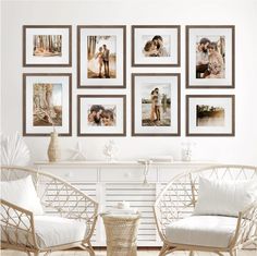 a living room with pictures on the wall and two chairs next to each other in front of a coffee table