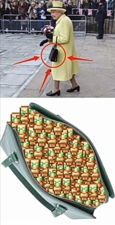 an old woman walking down the street with her purse in front of her, and another photo