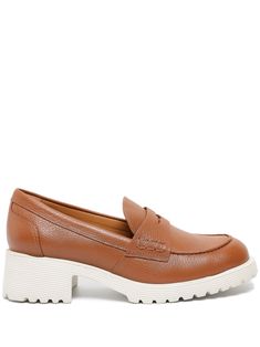 cognac brown leather pebbled texture round toe penny slot branded leather insole leather lining low block heel rubber outsole slip-on style Loafers Brown, Low Block Heels, Loafer Shoes, Flat Shoes Women, Cognac, Block Heels, Penny, Brown Leather, Fashion Branding