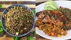 two plates with rice, meat and vegetables next to each other on a wooden table