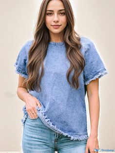 Orcajump - Stylish Casual Solid Color Denim Pullover Short-sleeve Top with Raw Hem Everyday Denim Top With Short Sleeves, Medium Wash, Medium Wash Denim Top With Pockets, Short Sleeve, Short Sleeve Denim Shirt, Casual Denim Shirt, Batwing Sleeve Blouse, Color Shorts, Casual Denim, Premium Denim, Denim Shirt