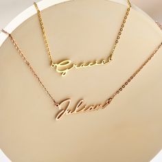 "Stylish dainty with a personalized feel, this necklace is a perfect jewelry for everyday and every outfit. ► PERSONALIZED NAME NECKLACE - SCRIPT FONT * Character limits: 9 characters * We don't recommend having all the letters of your name in uppercase with this font. ► HOW TO ORDER & ADD PERSONALIZATION - Select your preferred color and necklace length from the menu.  - Include in the \"Add your personalization\" box the name for your personalization.  - Add the item to cart and check out. - I Customizable Rose Gold Necklaces For Gifts, Custom Name Rose Gold Necklace As Gift, Custom Name Rose Gold Necklace For Gift, Customized Rose Gold Name Necklace As A Gift, Personalized Gift Charm Necklace With Adjustable Chain, Customizable Nameplate Necklace For Gifts, Customized Rose Gold Name Necklace For Gifts, Customized Rose Gold Necklaces As Gifts, Customized Rose Gold Necklace For Personalized Gift