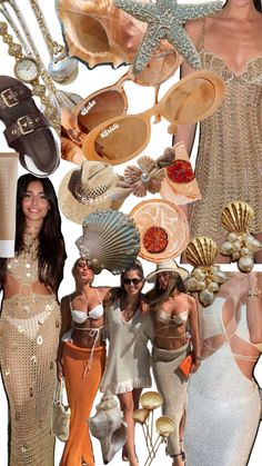 a collage of women dressed in different outfits and accessories, including shells, seashells