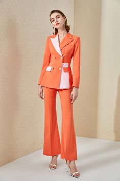 Elegant Coral Color Block Flare Pantsuit Description: Peak lapels; front button blazer V-Neck, Long sleeves; button sleeves Structured shoulders. Chest welt pockets. V-Neck, Long sleeves; buttons Structured shoulders. Hip flap pockets Polyester 100% Imported Brand - Aision Model Number - 221017C1+P6 V-neck Workwear Sets With Pockets, Spring Orange Tailored Suit, Spring Formal Pantsuit With Button Closure, Orange Notch Lapel Suit For Work, Spring Formal Pantsuit With Buttons, Spring Formal Pantsuit, Fitted Orange Pants For Office, Spring Double-breasted Pantsuit With Button Closure, Spring Business Pantsuit With Buttons