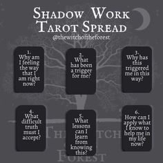 the shadow work tarot spread is shown in black and white with four different words