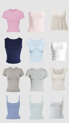 six different types of women's t - shirts in various colors and sizes, all with