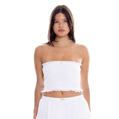 A very essential smocked tube top, sweet and simple. Cute scalloped elastic inside printed with silicone paw prints to make it stay up and secure. Ruffle at top and bottom. Cropped Tube Top With Smocked Bodice, Fitted Bandeau Tube Top With Smocked Bodice, Fitted Smocked Bandeau Crop Top, Fitted Smocked Bodice Bandeau Crop Top, Fitted Bandeau Crop Top With Smocked Bodice, White Ruffled Tube Top For Beach, White Strapless Top With Lace Trim, Cropped Smocked Bodice Tube Top For Summer, Summer Bandeau Tube Top With Lace Trim