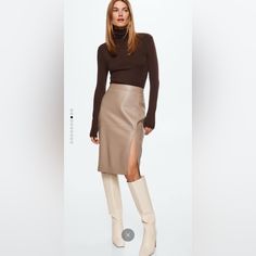 New In Beige Midi With Slit Beige Leather Skirt Outfit, Laura Blair, Pencil Skirt Fashion, Rok Outfit, Leather Skirt Outfit, Faux Leather Pencil Skirt, Beige Outfit, Womens Pencil Skirts, Leather Pencil Skirt