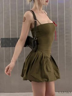 Off Shoulder Backless Mini Dress Casual A-line Mini Dress With Straps, Khaki Mini Dress For Summer, Summer Khaki Mini Dresses, Khaki Mini Summer Dresses, Khaki Mini Length Summer Dress, Green Strappy Mini Dress, Fitted Sleeveless Khaki Dress, Fitted Khaki Mini Dress For Spring, Chic Khaki Mini Dress