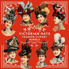 the victorian hats fashion clipart bundle is shown in red and white, with an ornate border