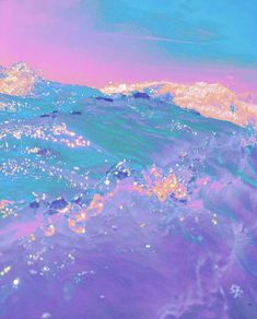 an abstract painting of blue and pink waves in the ocean with light reflections on them