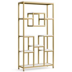 a gold and white shelving unit with four shelves