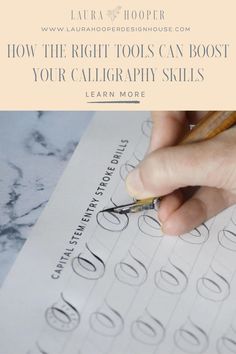 a person writing on paper with the words how the right tools can booster your calligraphy skills