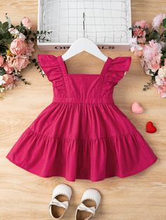 Baby Girl Ruffle Trim Ruffle Hem Dress Hot Pink   Cap Sleeve Woven Fabric Plain A Line Non-Stretch  Baby Girls Clothing, size features are:Bust: ,Length: ,Sleeve Length: Baby Dress Embroidery, Baby Frock, Kids Dress Wear, Square Neck Dress, Dress Indian Style, Easy Trendy Outfits, Ruffle Hem Dress