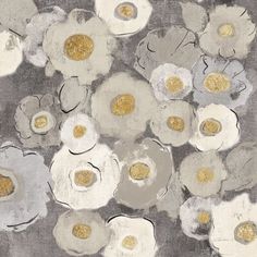 an abstract painting with white and gold flowers on grey background by corbi art